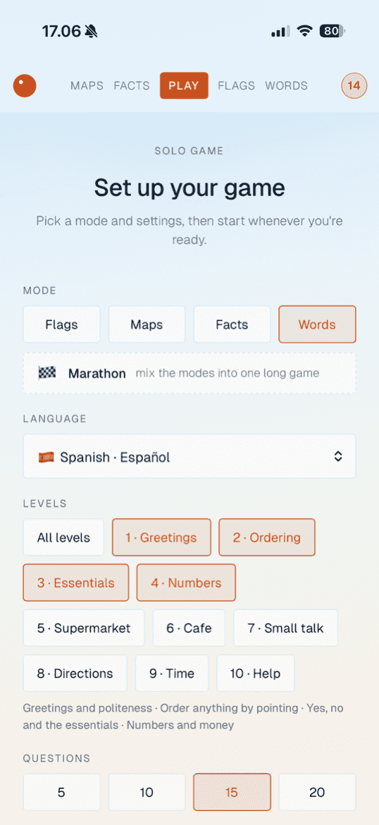 Worldly game setup on mobile with the mode picker, region filter and question settings
