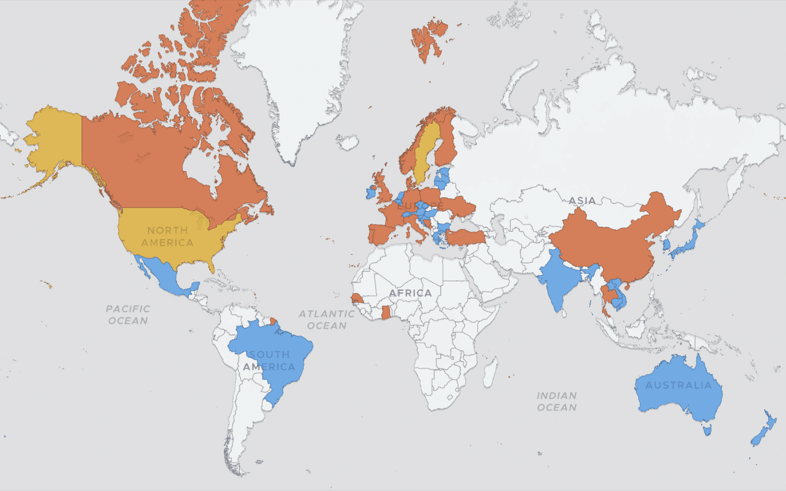 Interactive world map showing visited countries in orange and want-to-visit countries in blue