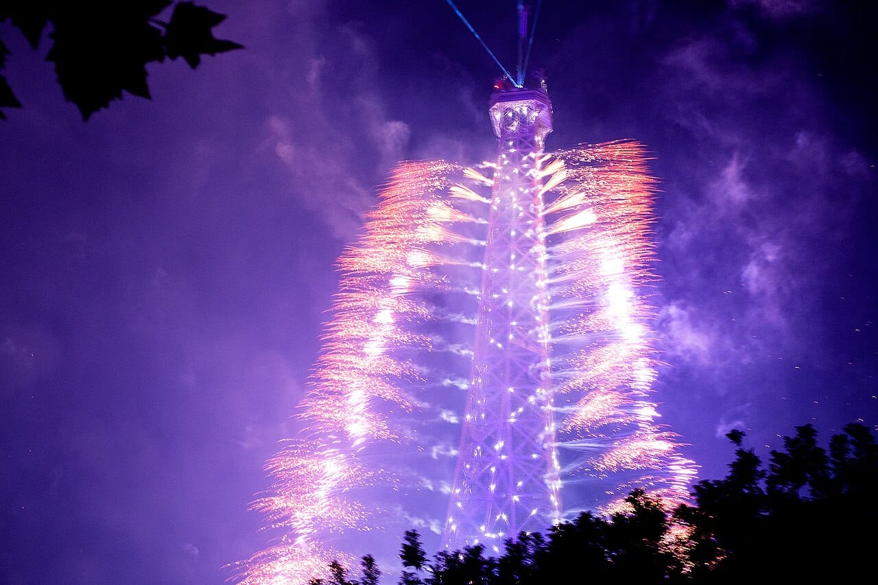 Fireworks bursting above the Eiffel Tower during the Bastille Day celebrations