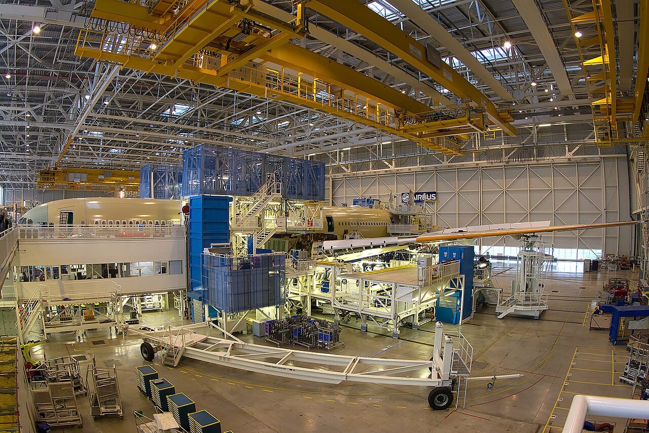 An Airbus A350 taking shape on the final assembly line in Toulouse