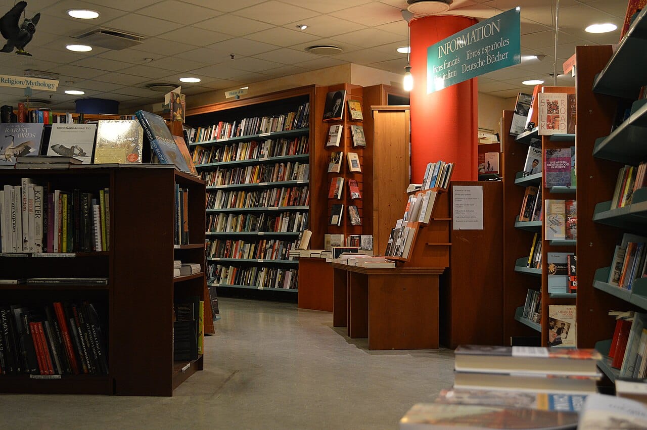 Bookshelves in Hedengren’s bookstore at Stureplan in Stockholm