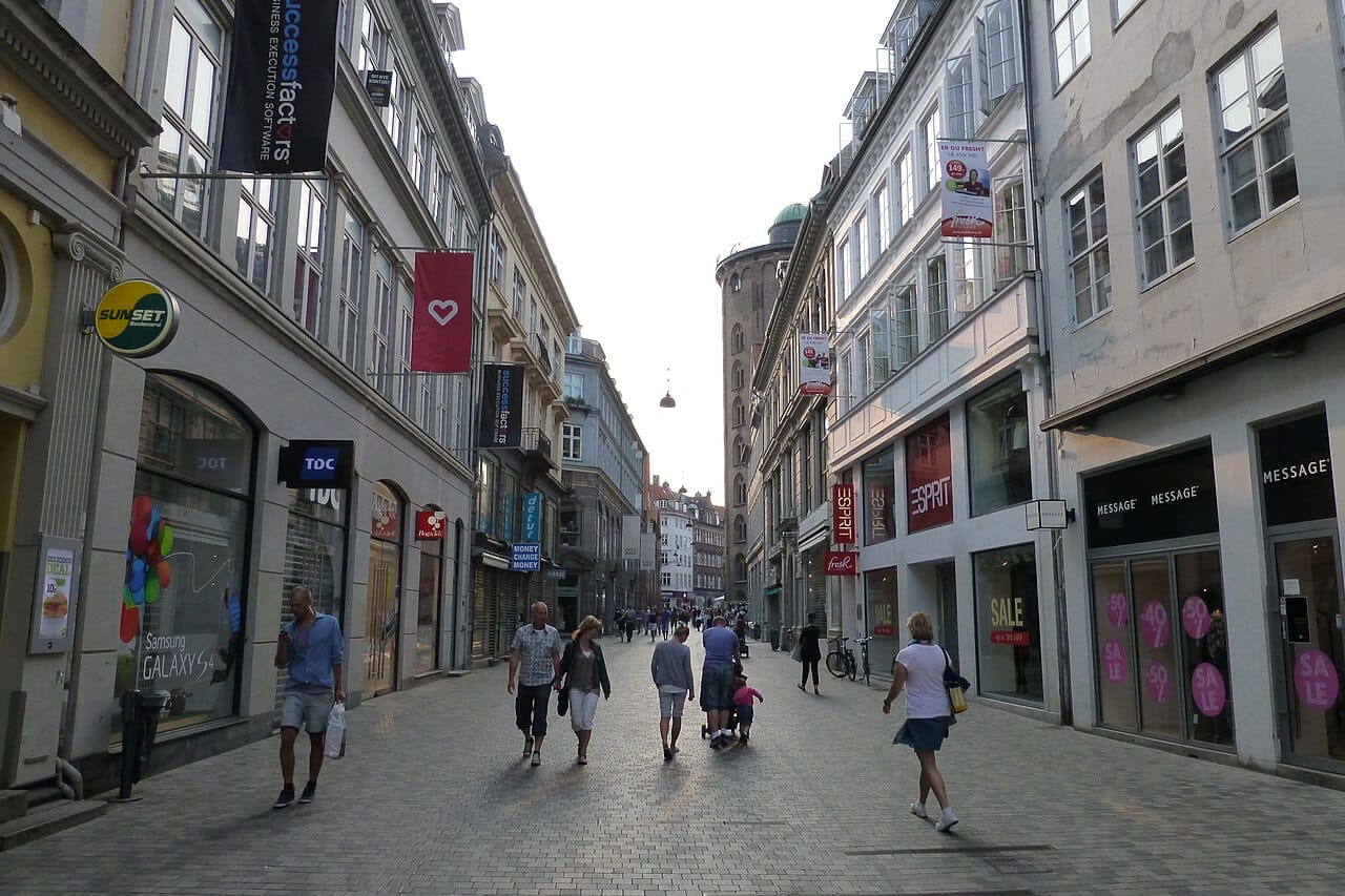 Shoppers walking down Strøget, the pedestrian street through central Copenhagen