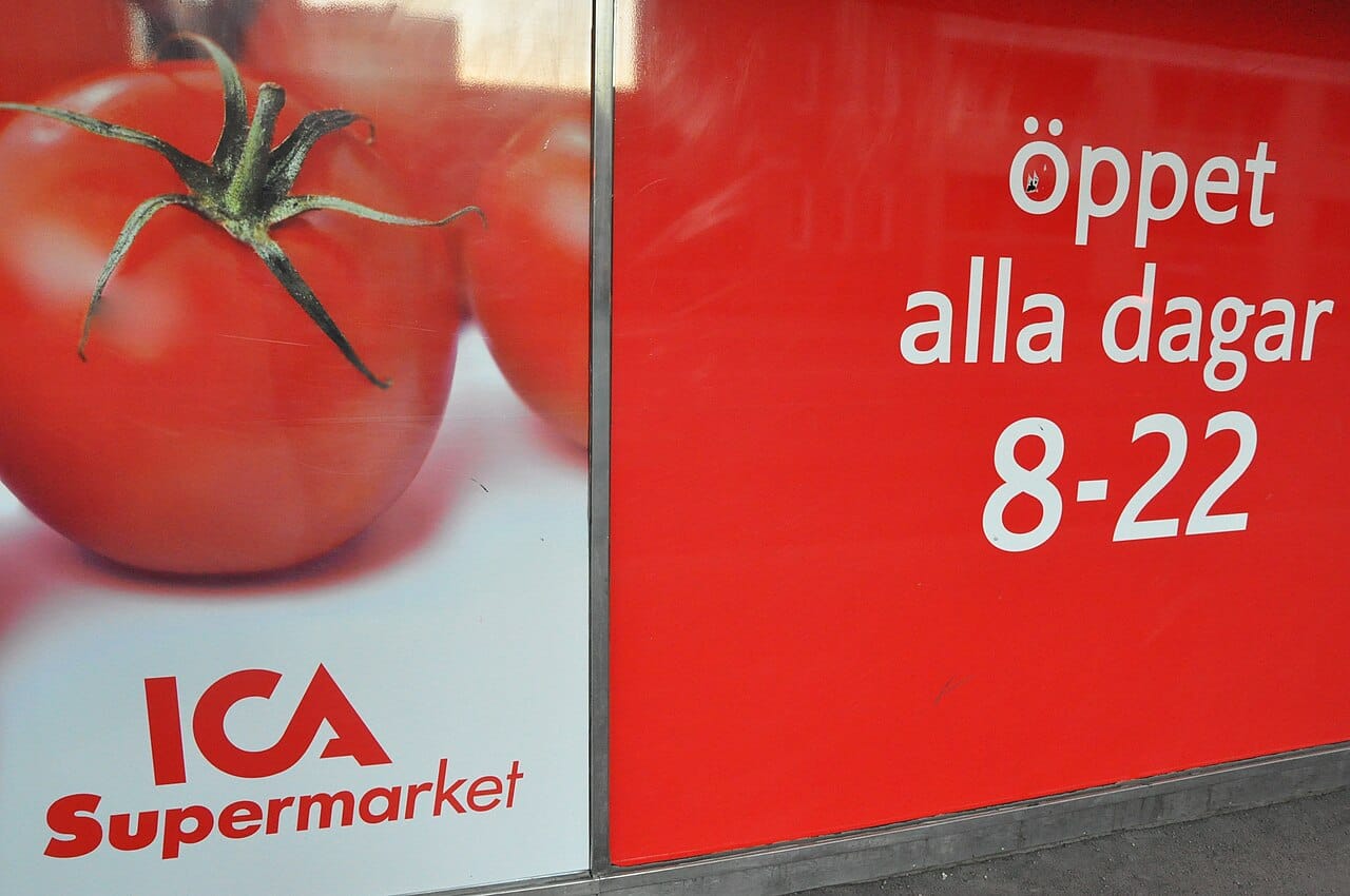 A bright red ICA Supermarket sign in Sweden