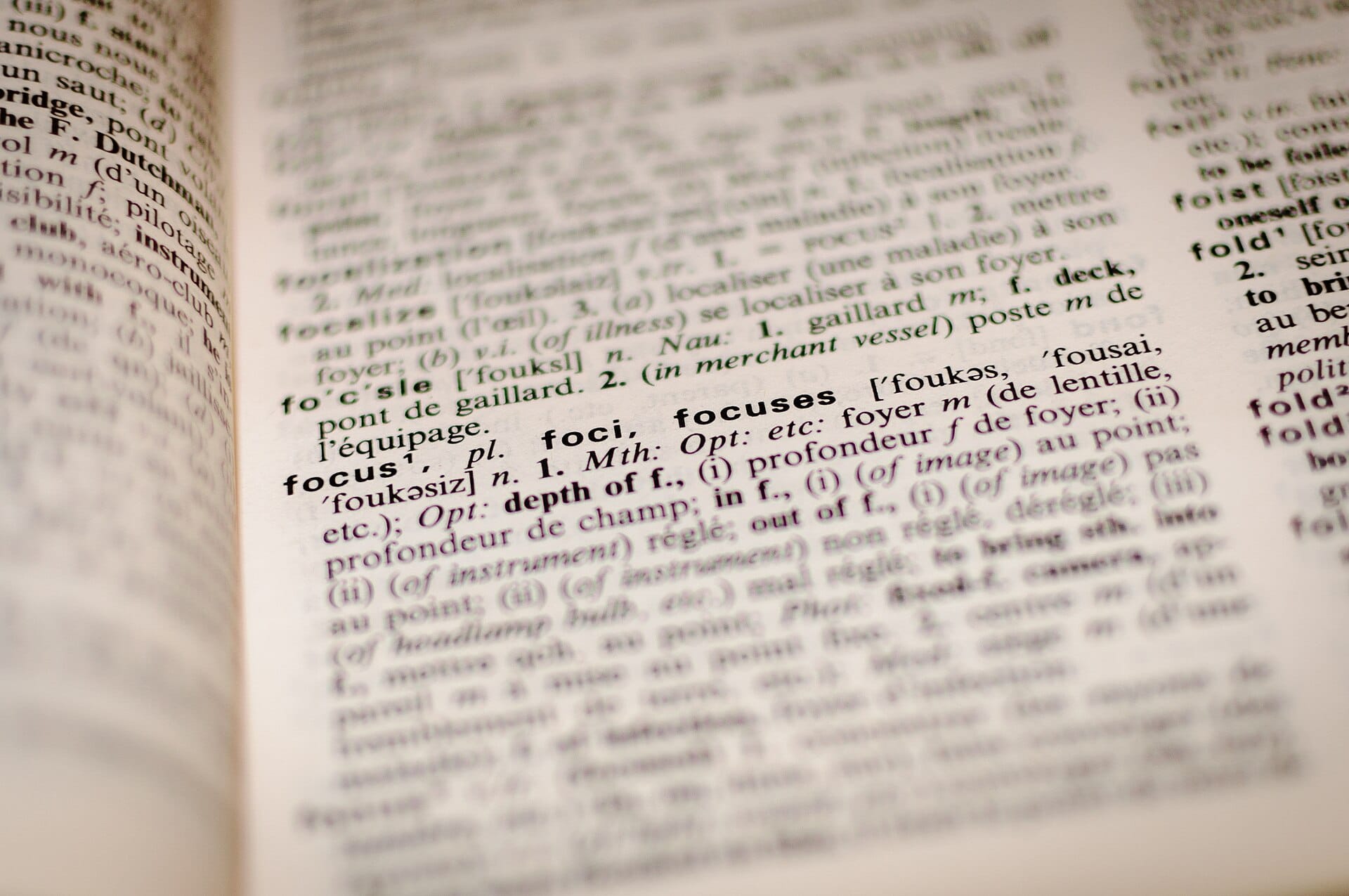 A dictionary open at a page of definitions