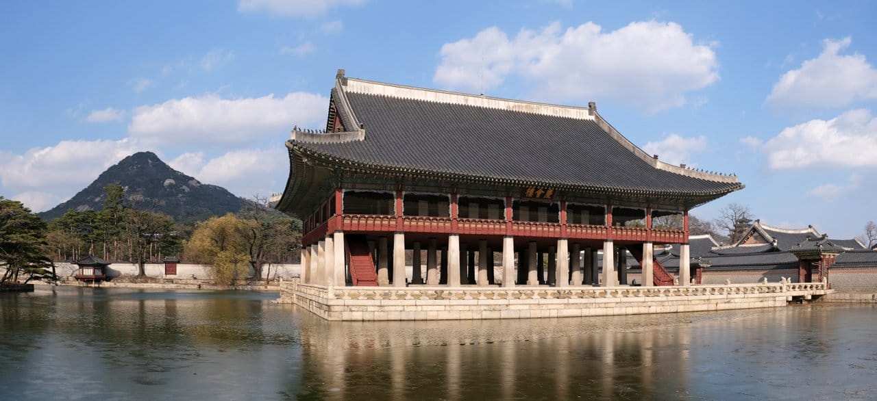 The Gyeonghoeru pavilion over its pond at Gyeongbokgung palace in Seoul
