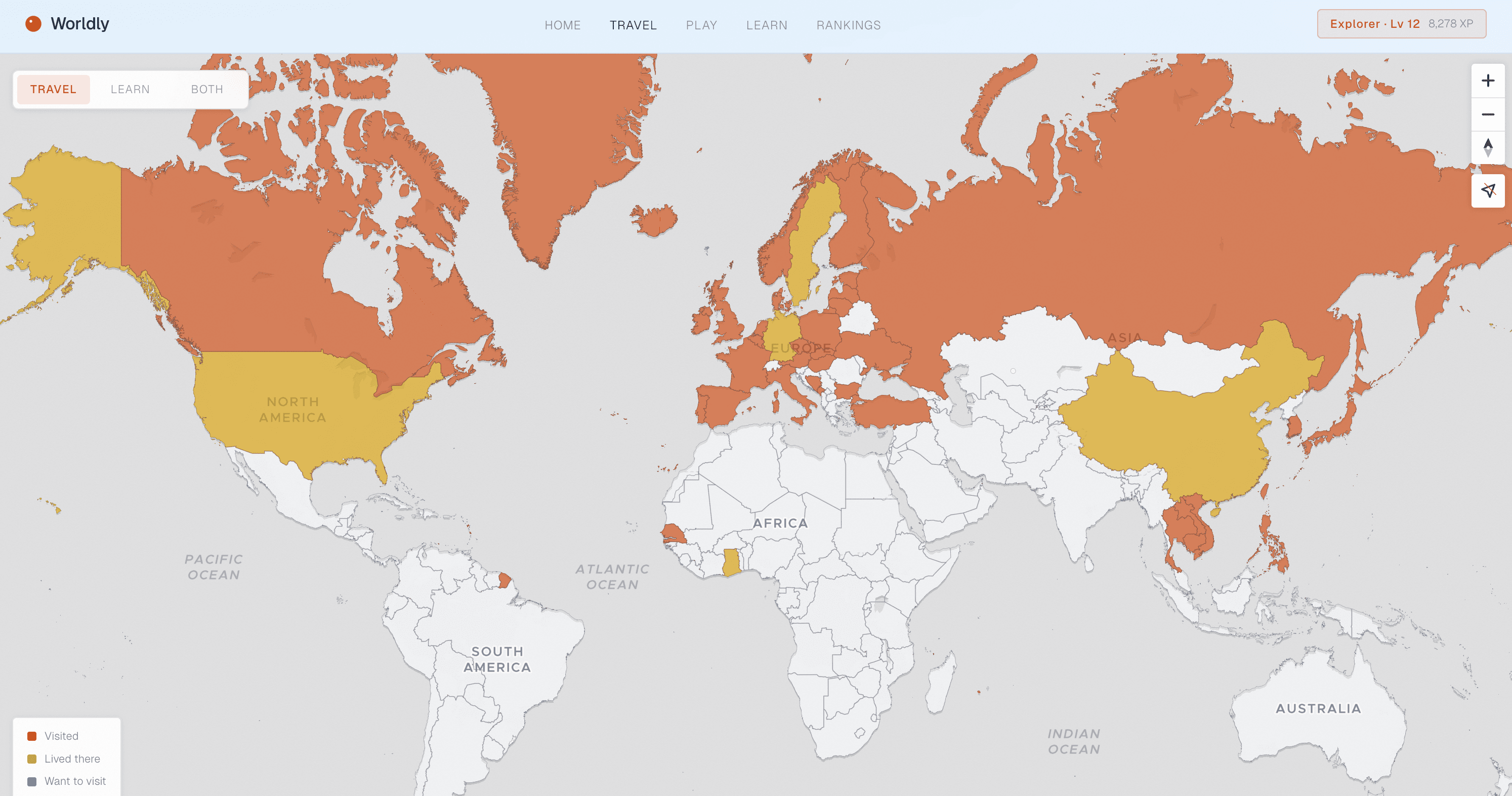 Interactive world map showing visited countries in orange and want-to-visit countries in blue
