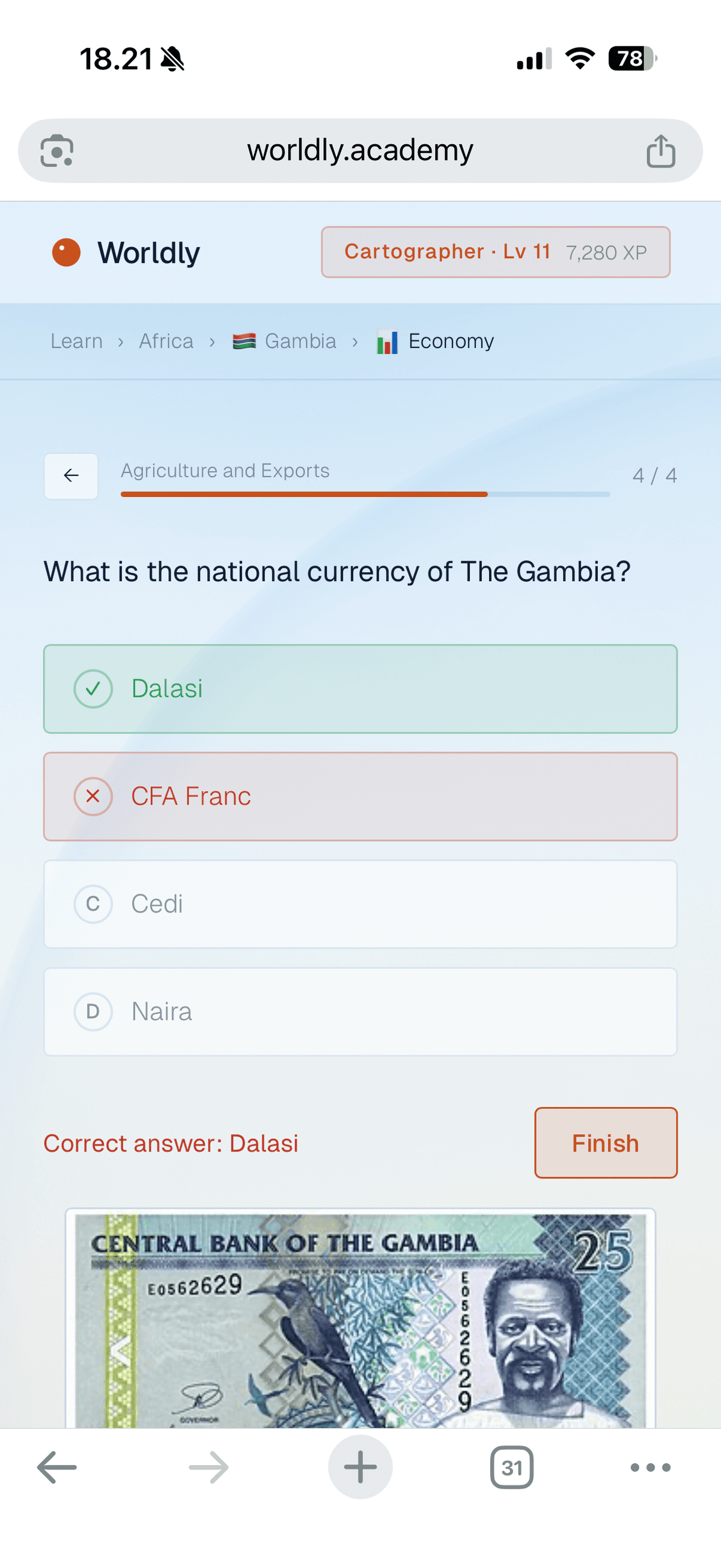Geography quiz question about The Gambia with multiple choice answers and a Wikipedia summary card
