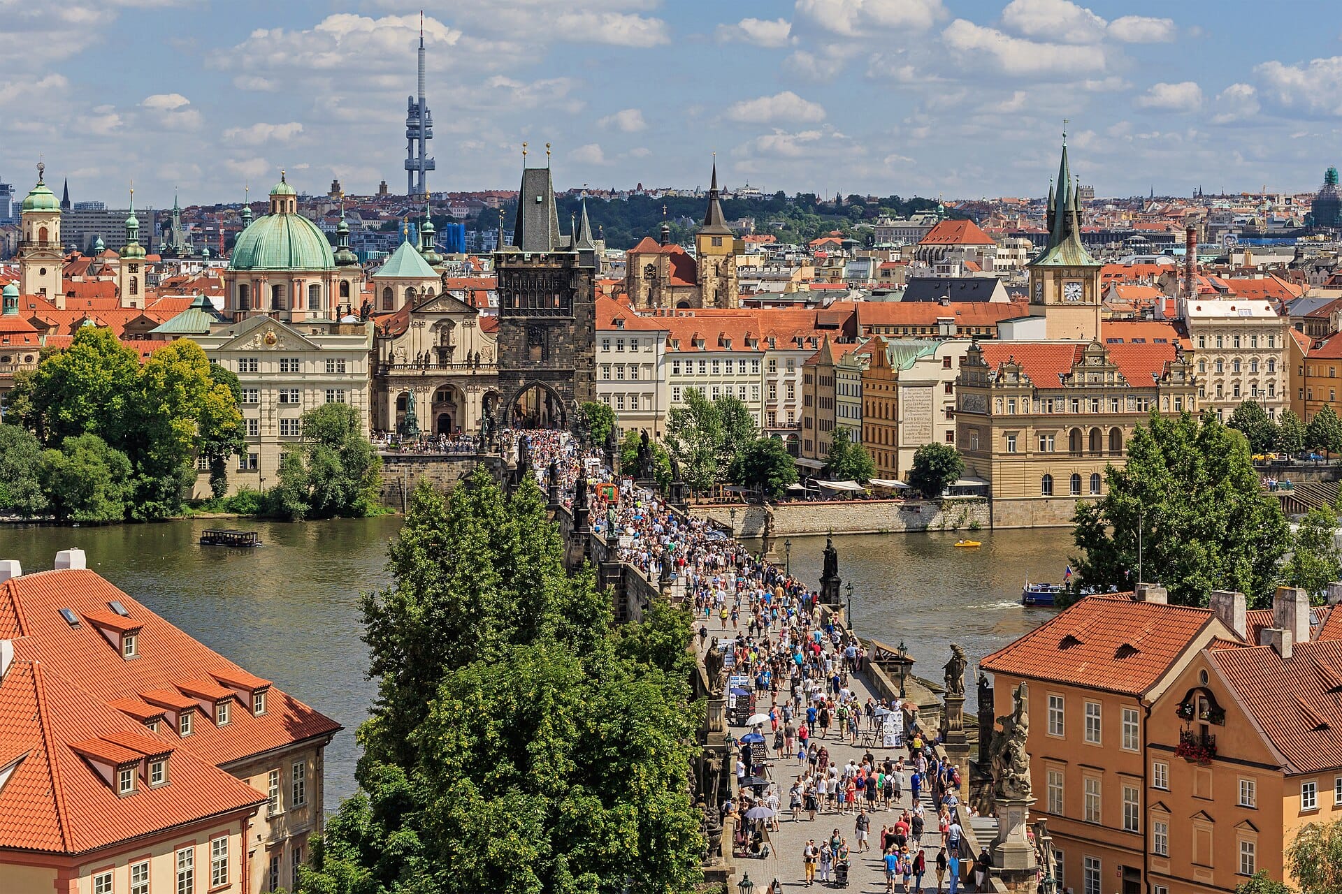 The Charles Bridge and the old town of Prague seen from the Lesser Town tower