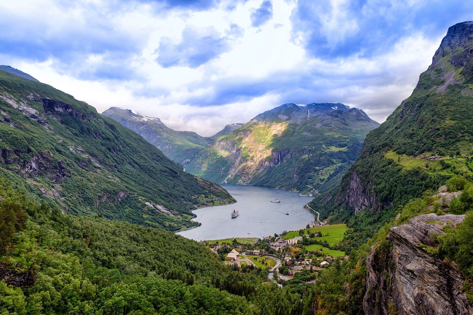 The Geirangerfjord winding between steep mountain walls in western Norway