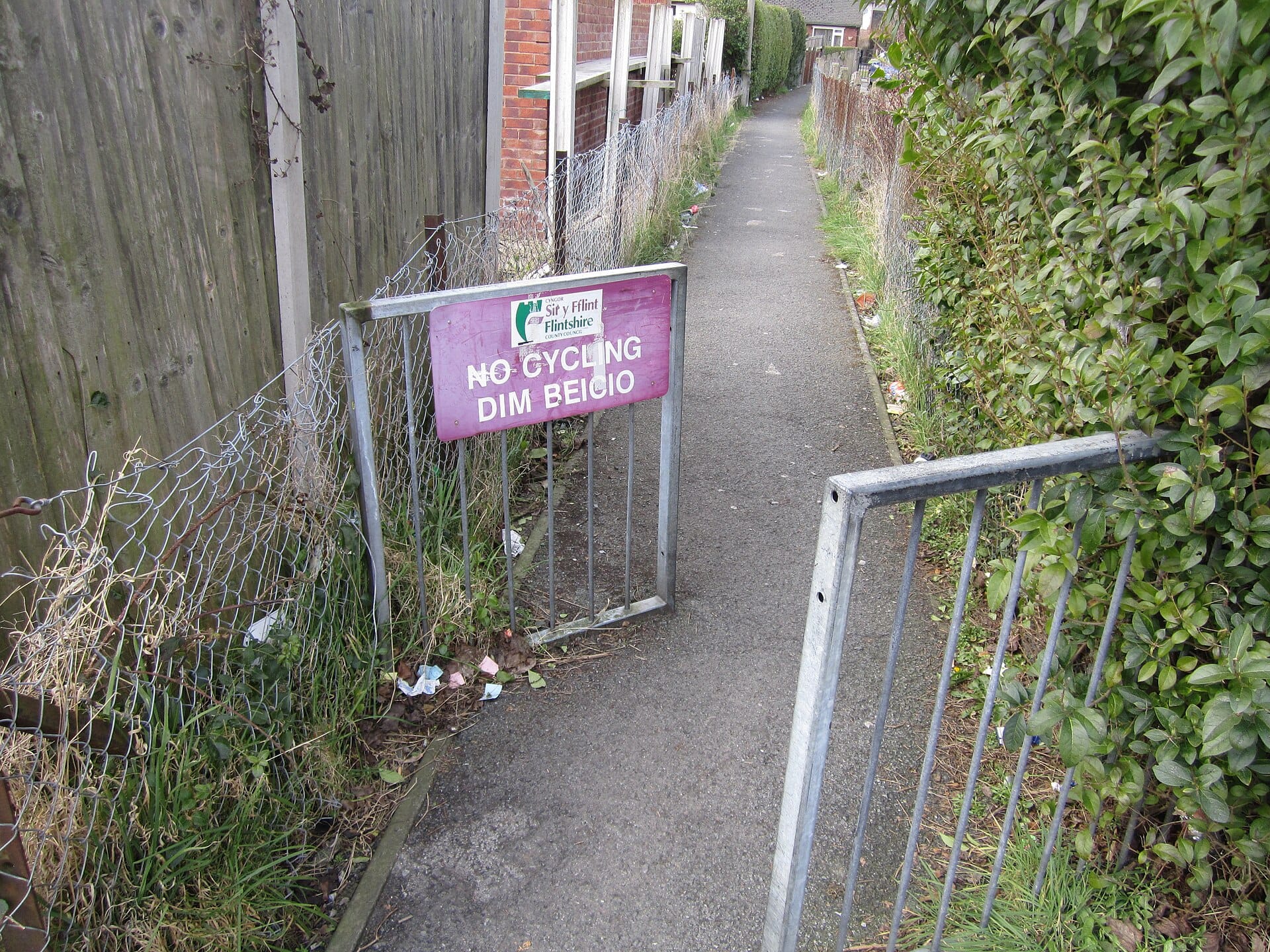 A road sign lettered in Welsh above English, at the edge of the county