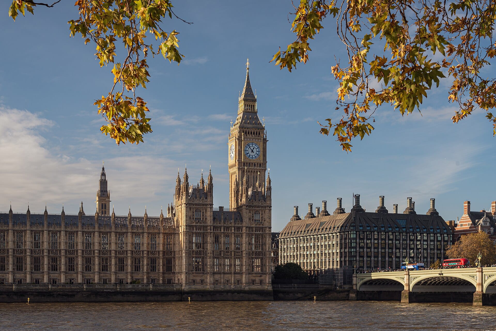 The Palace of Westminster and its clock tower across the Thames