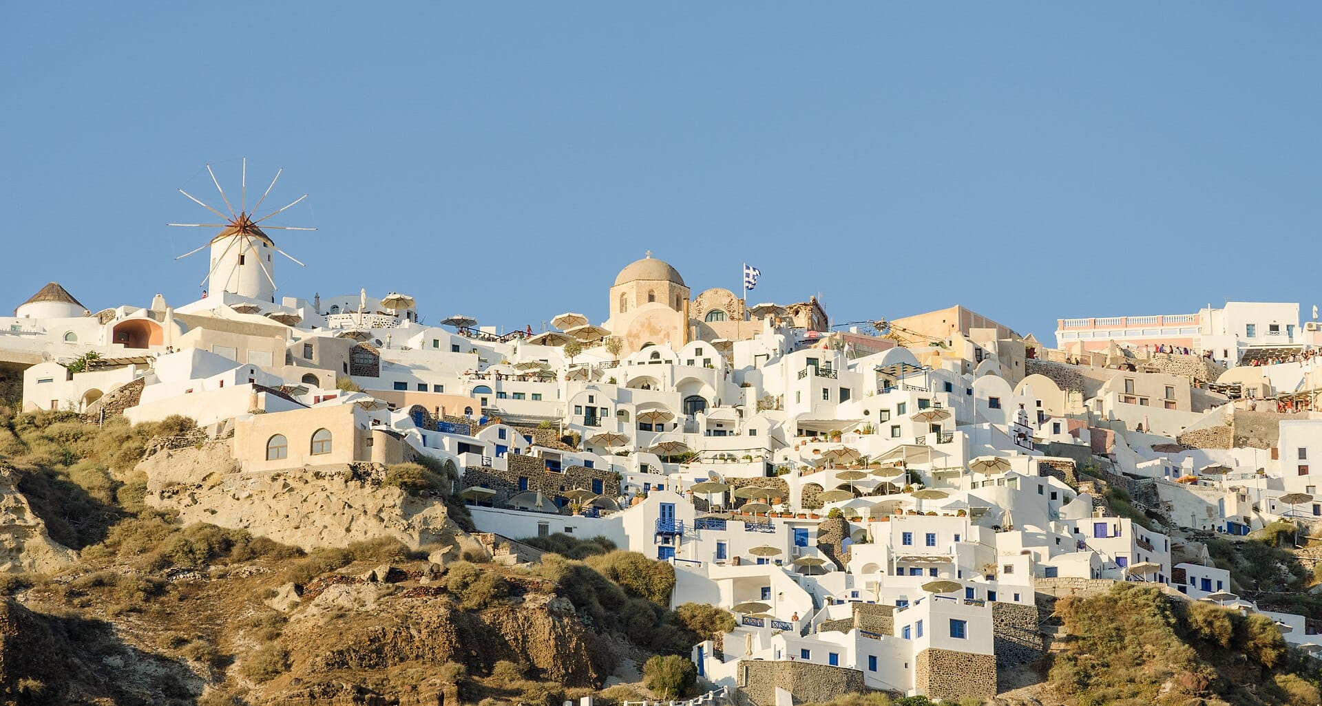 The whitewashed village of Oia on the rim of the Santorini caldera