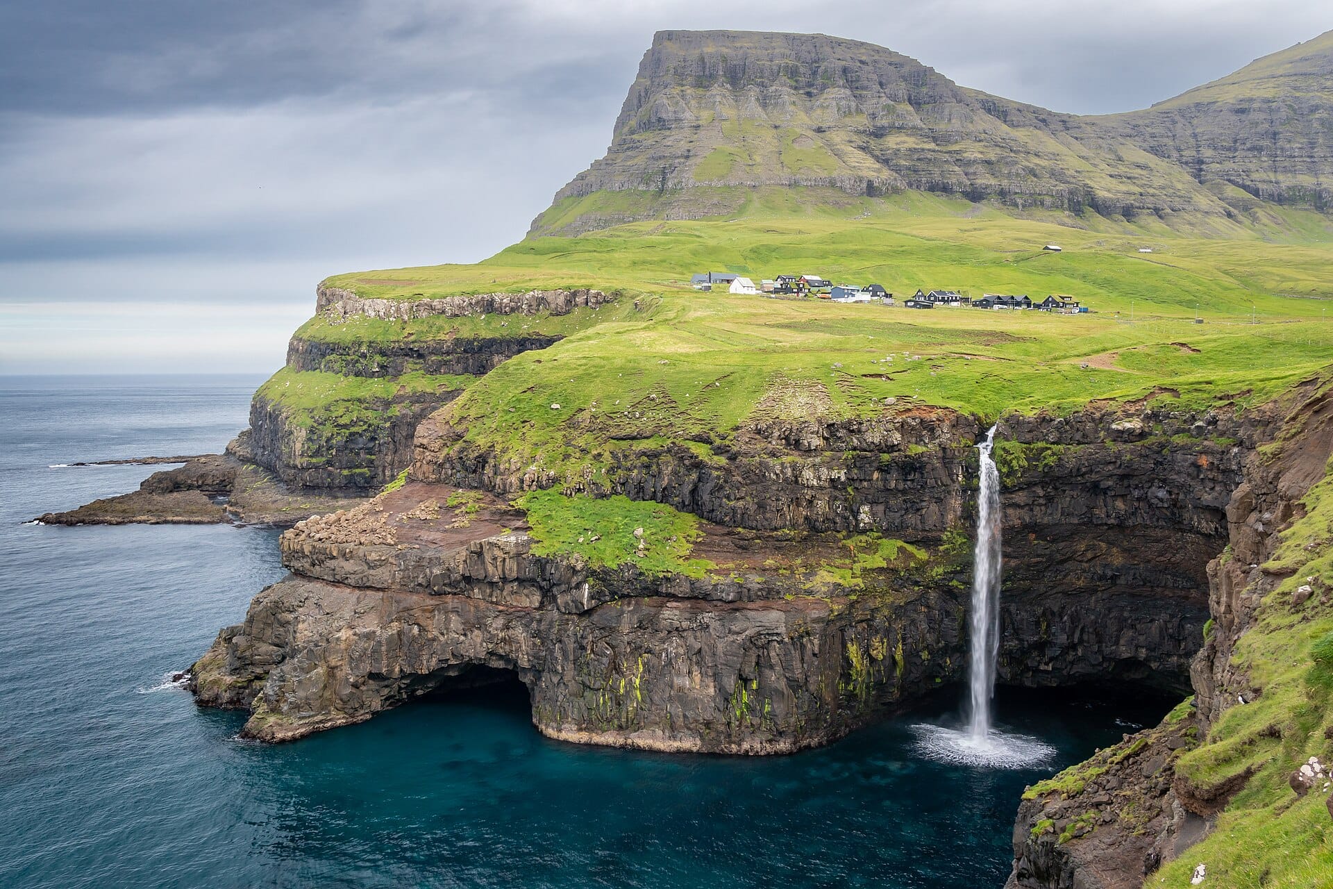 The Múlafossur waterfall dropping into the sea below the village of Gásadalur