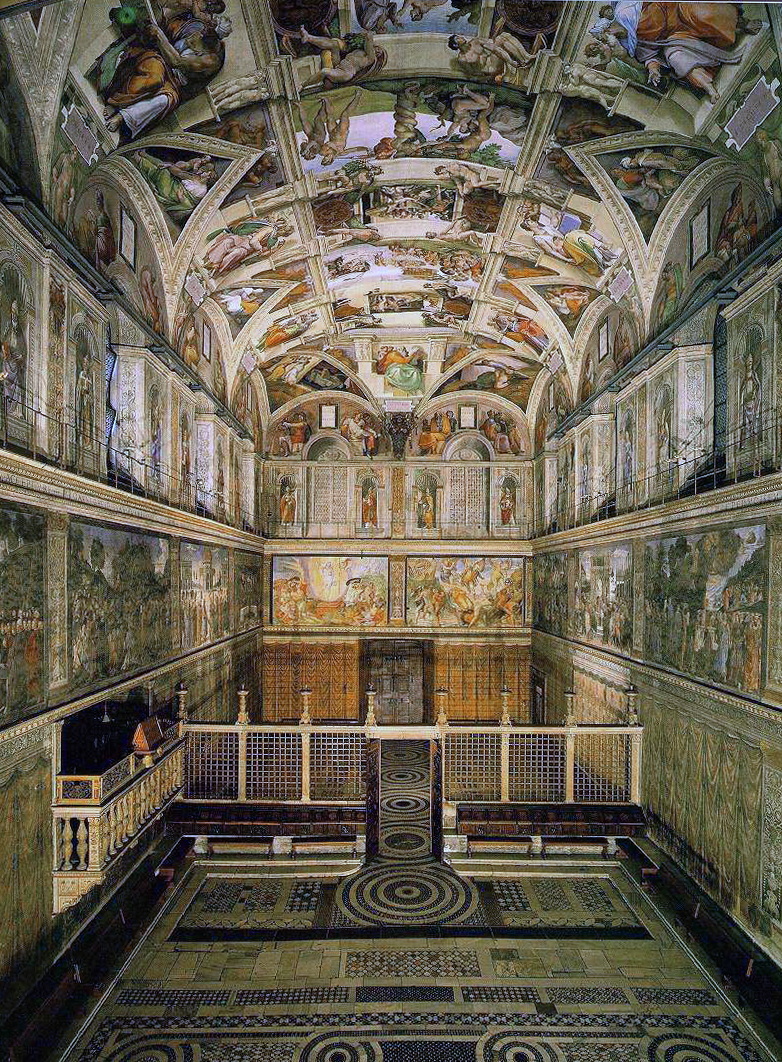Interior of the Sistine Chapel with its painted ceiling and altar wall