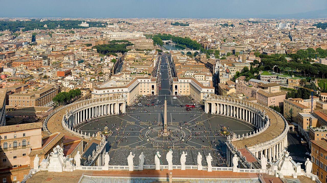 Saint Peter’s Square and surrounding Rome seen from the basilica dome