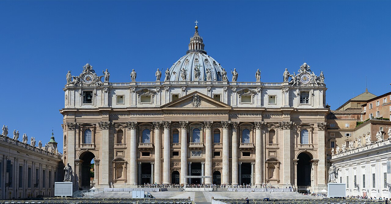 The faรงade and dome of Saint Peterโs Basilica above the square