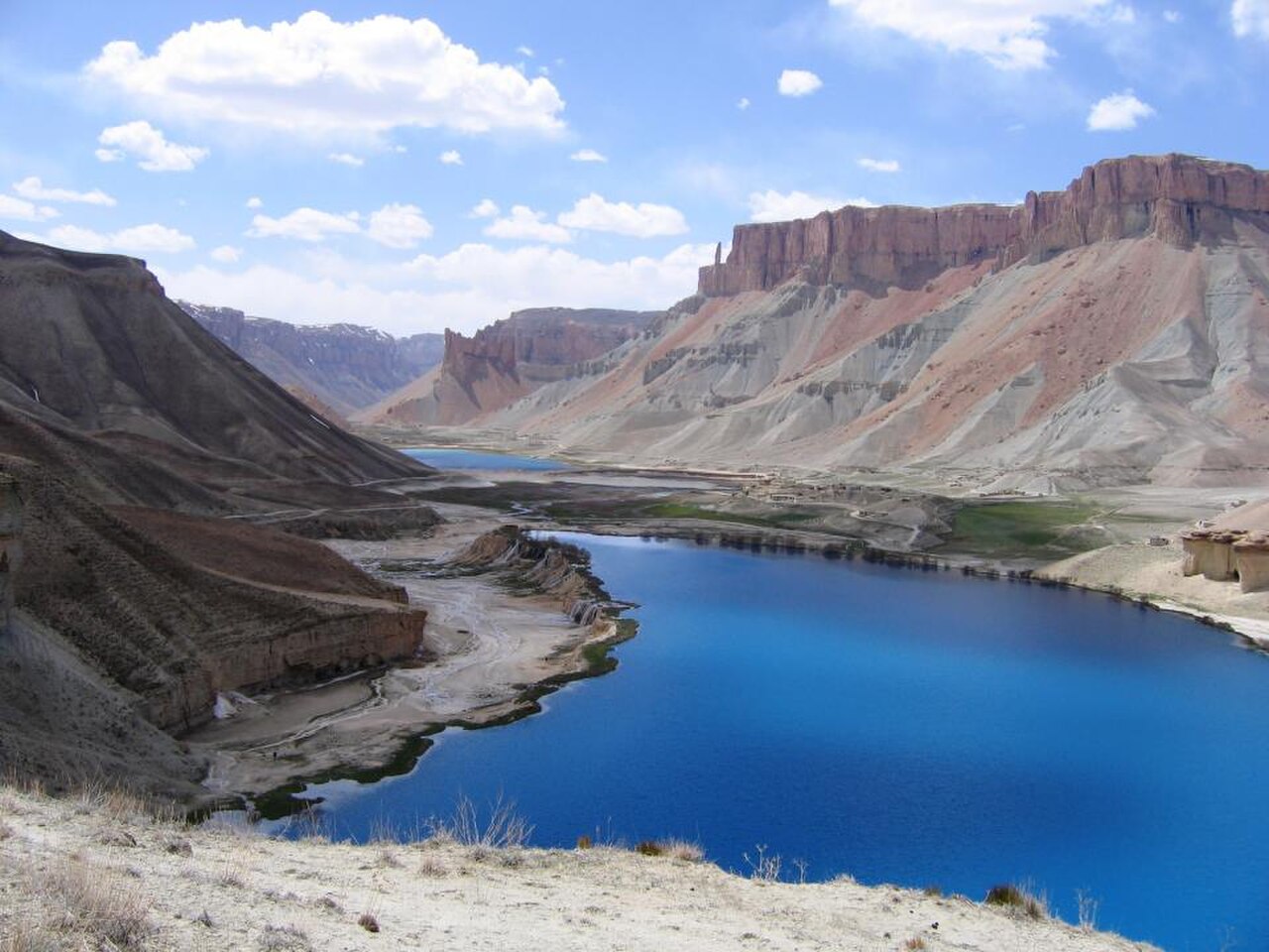 Blue lakes below pale cliffs at Band-e Amir in Afghanistan’s central highlands