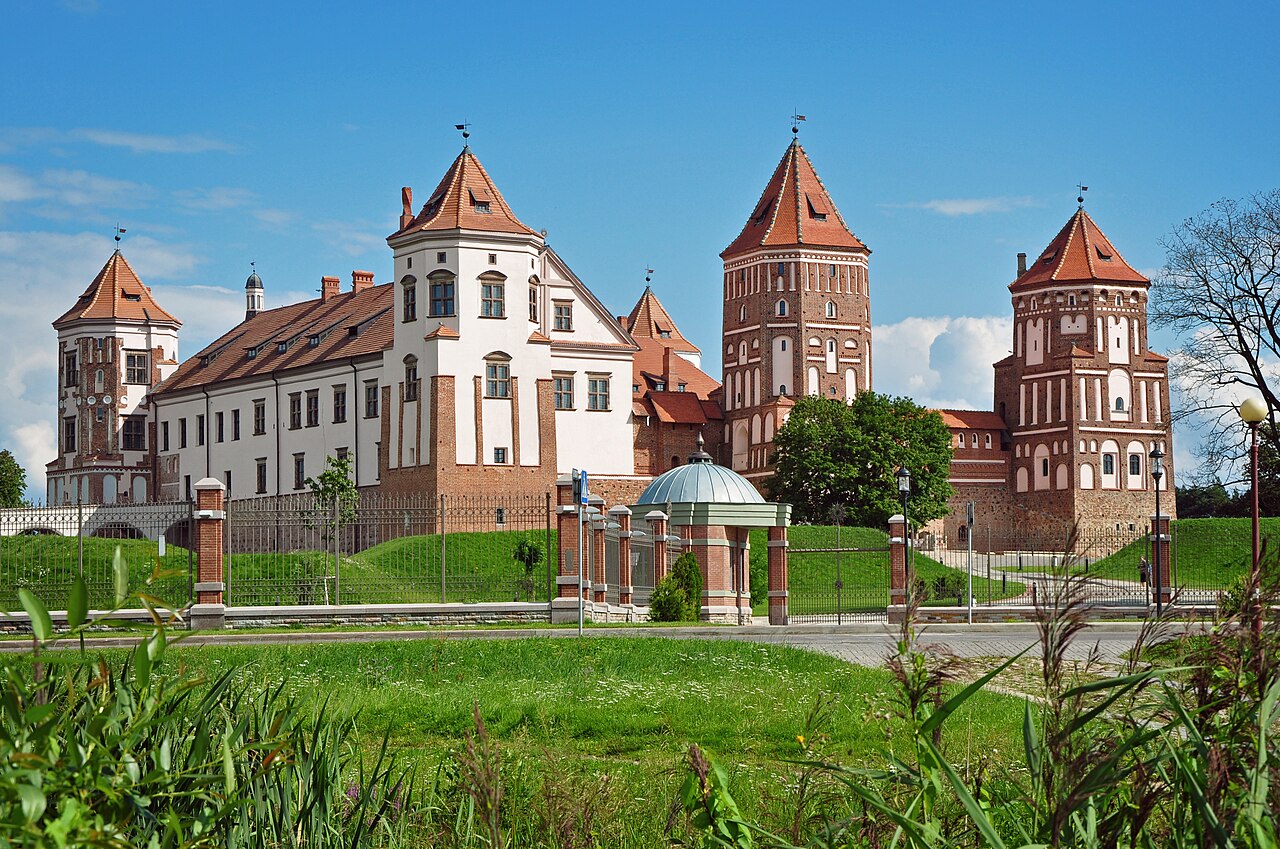 The towers and outer walls of Mir Castle in western Belarus