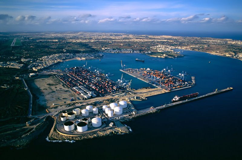 Container terminal and ships at the Malta Freeport