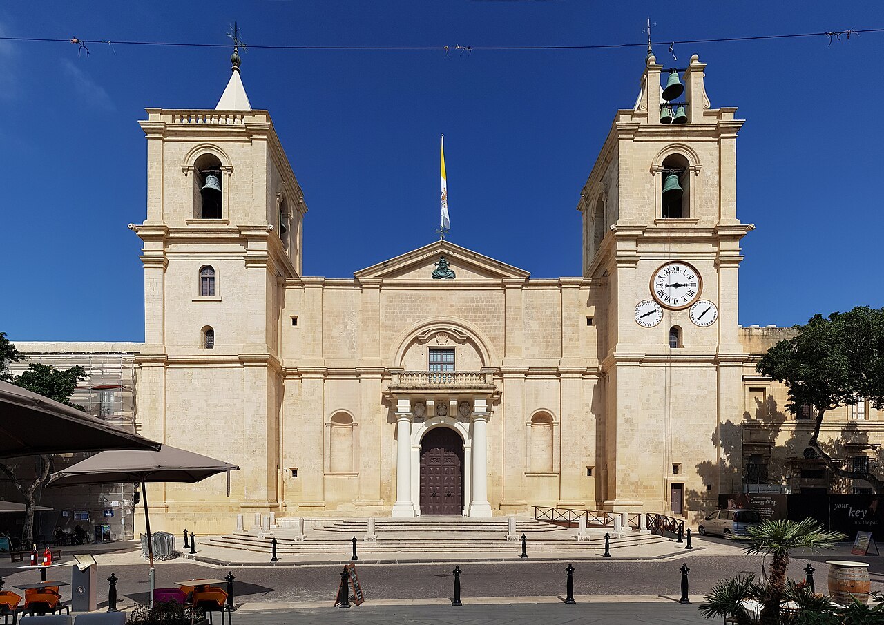 Façade and twin towers of Saint John’s Co-Cathedral in Valletta