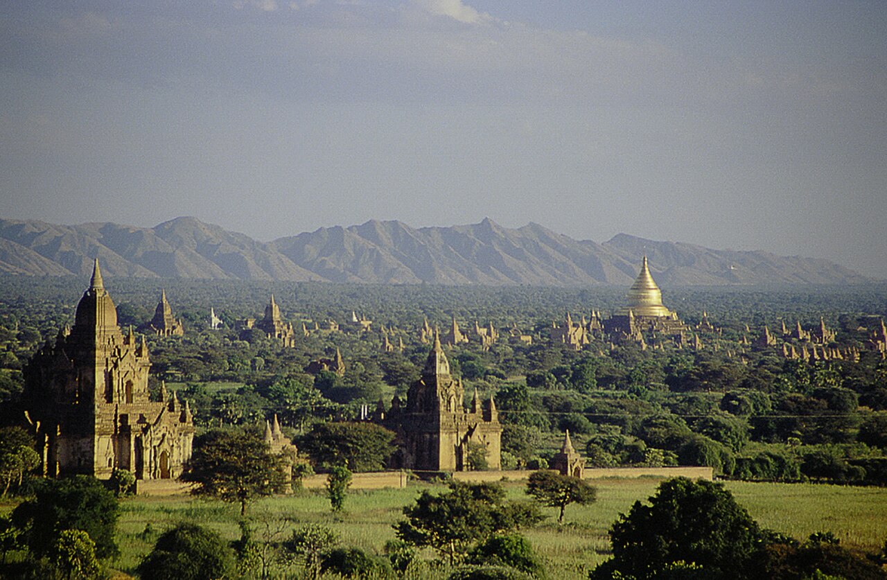 Historic view of Buddhist temples across the plain at Bagan