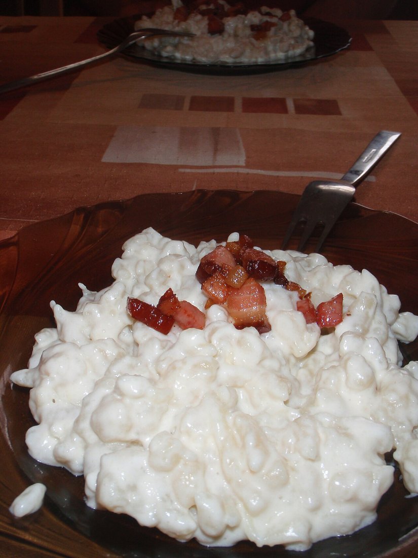 Bryndzové halušky, potato dumplings with sheep cheese and bacon
