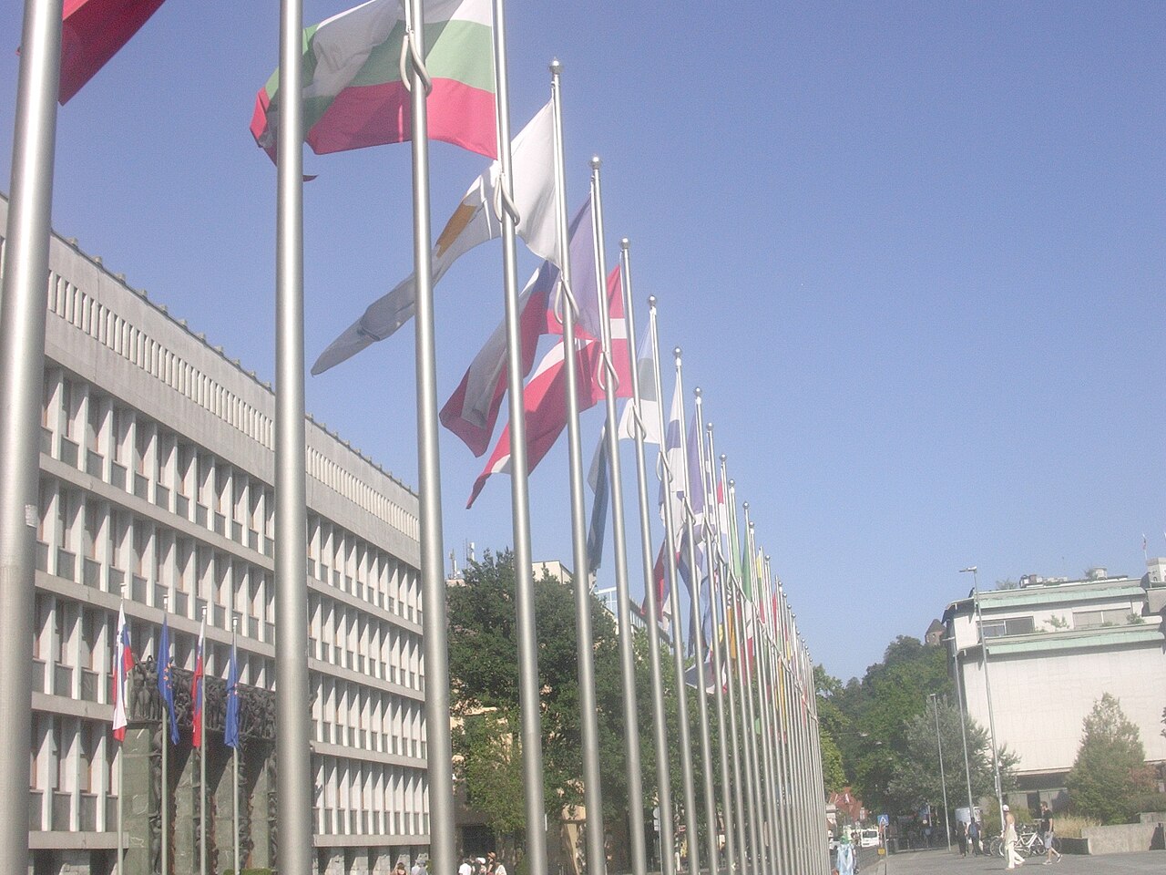 Flags outside the National Assembly building in Ljubljana