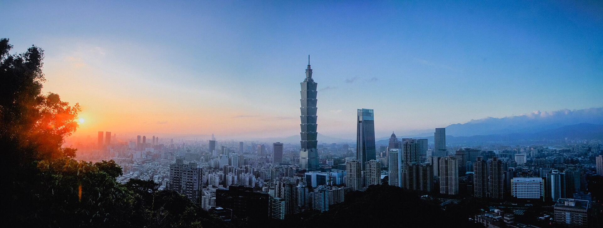 Taipei 101 and the Taipei skyline at sunset, seen from Elephant Mountain