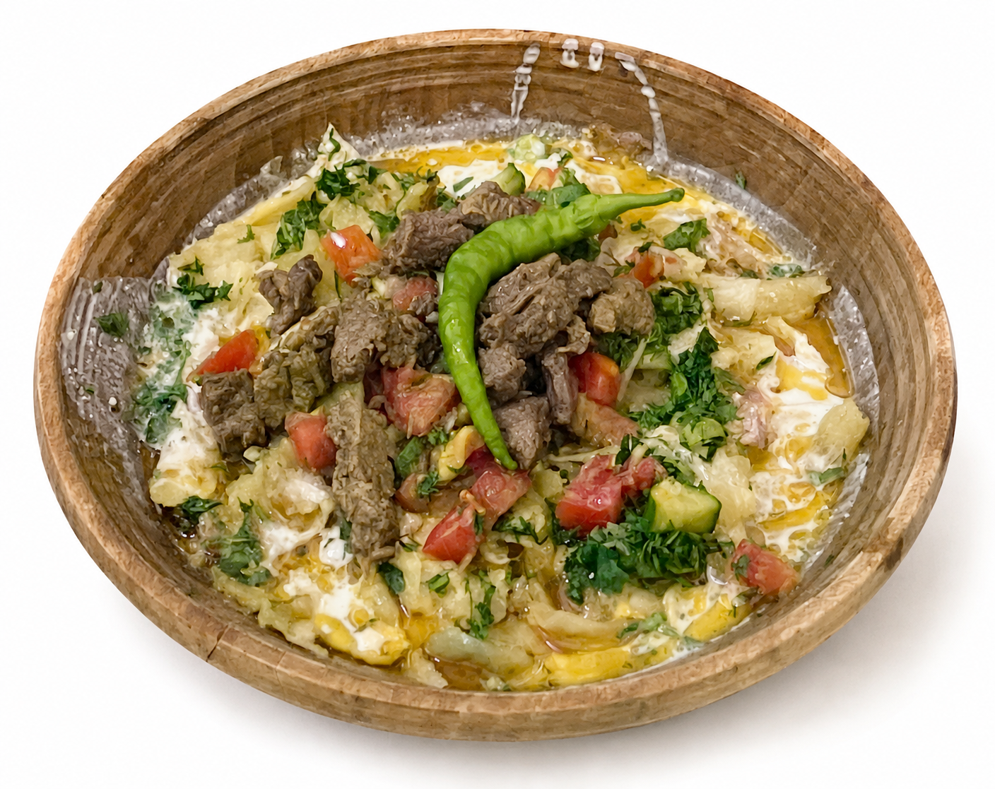 Tajik qurutob with bread, dairy sauce, vegetables and meat