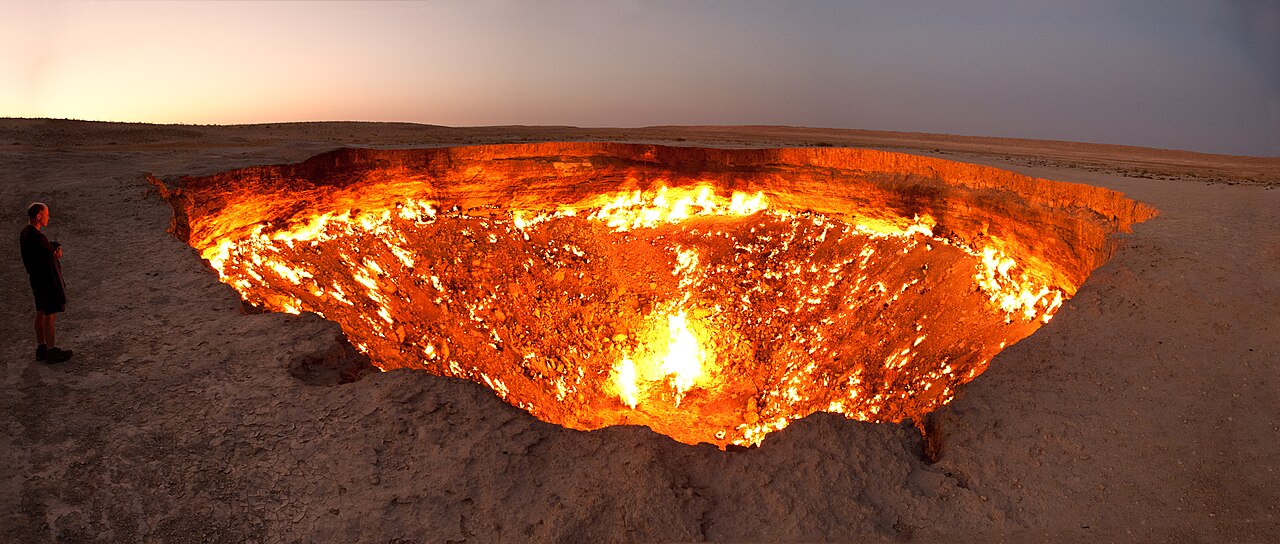 The Darvaza gas crater burning in the Karakum Desert in 2011