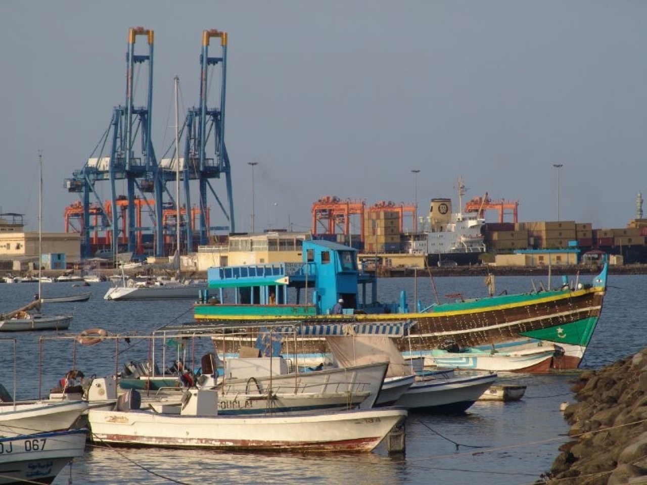 Fishing boats and the container terminal at Djibouti port