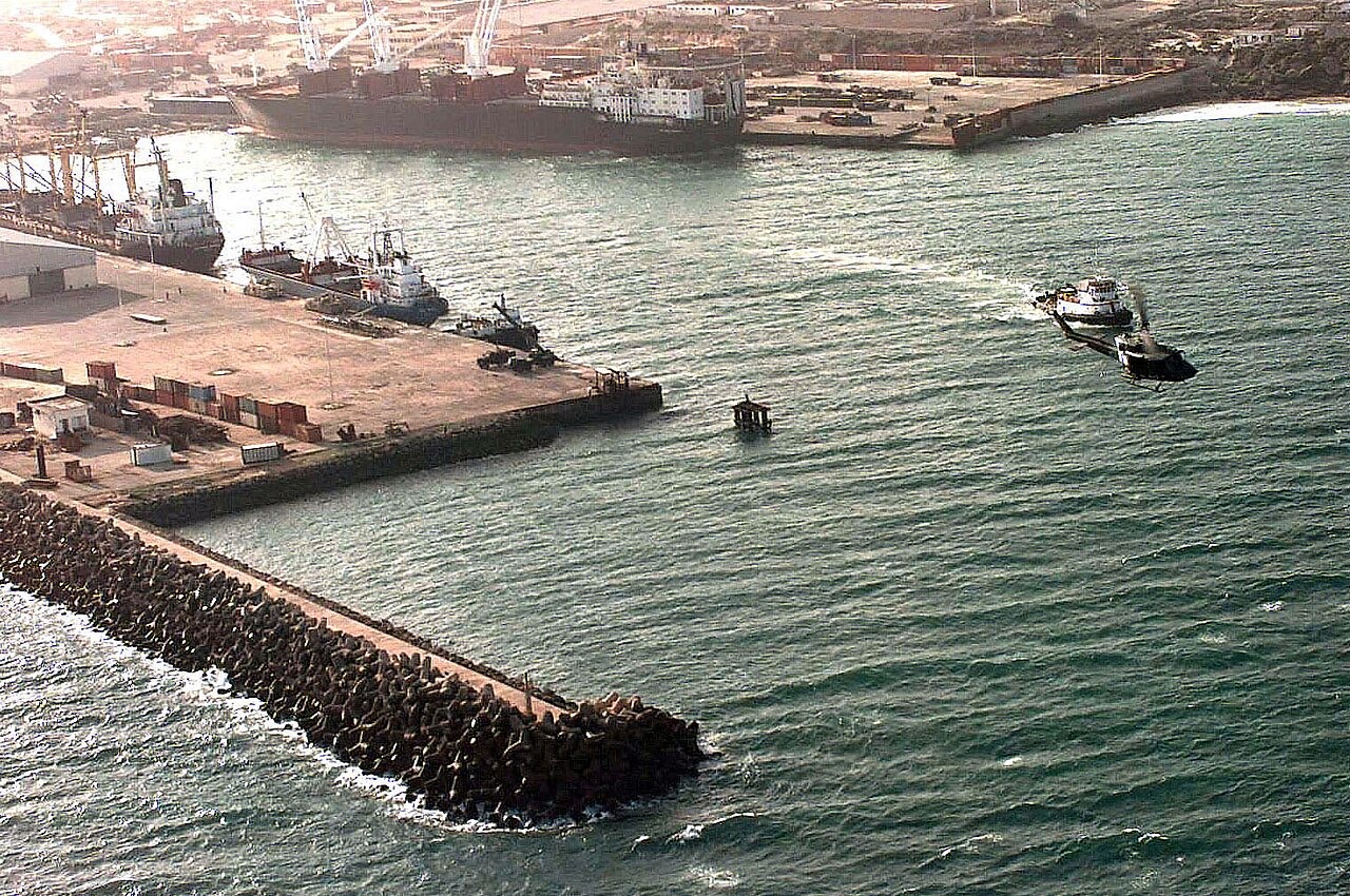 An aerial view of the port of Mogadishu, Somalia