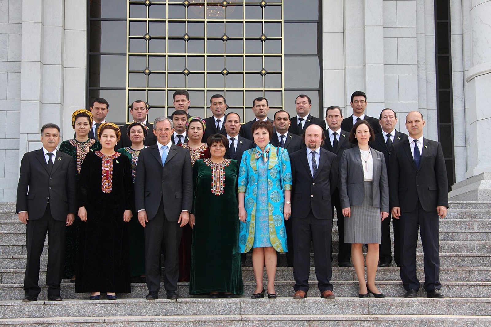 Participants at a seminar outside the Mejlis building in Ashgabat, Turkmenistan