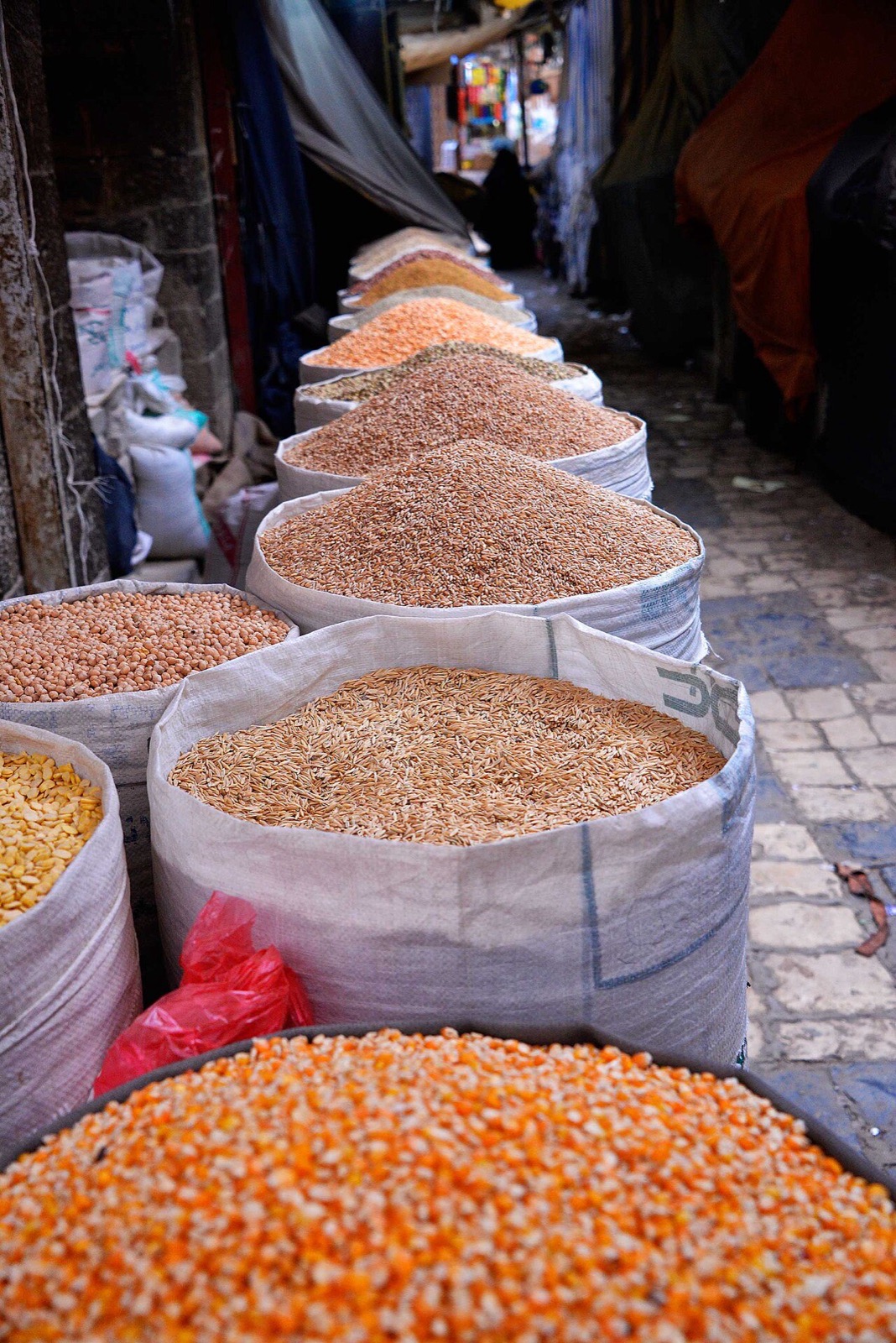 Grains and pulses for sale at a market in Sana’a, Yemen