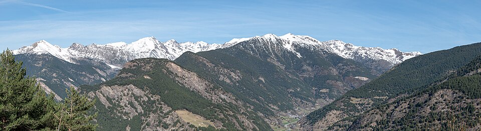 Snow-capped Pyrenees seen from the Ordino lookout in Andorra