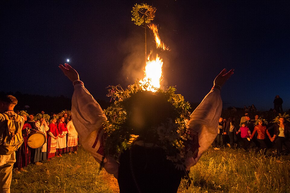 A Kupala Night celebration around a bonfire in Rakov, Belarus