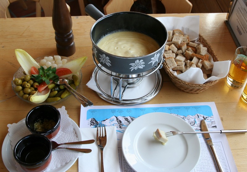A pot of Swiss cheese fondue