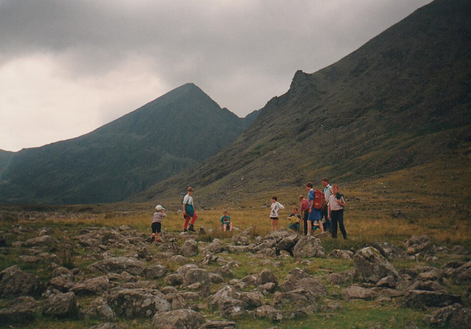 Walkers ascending the Gaddagh valley below Carrauntoohil in County Kerry