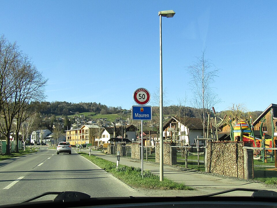 A place-name sign on the road into Mauren, Liechtenstein