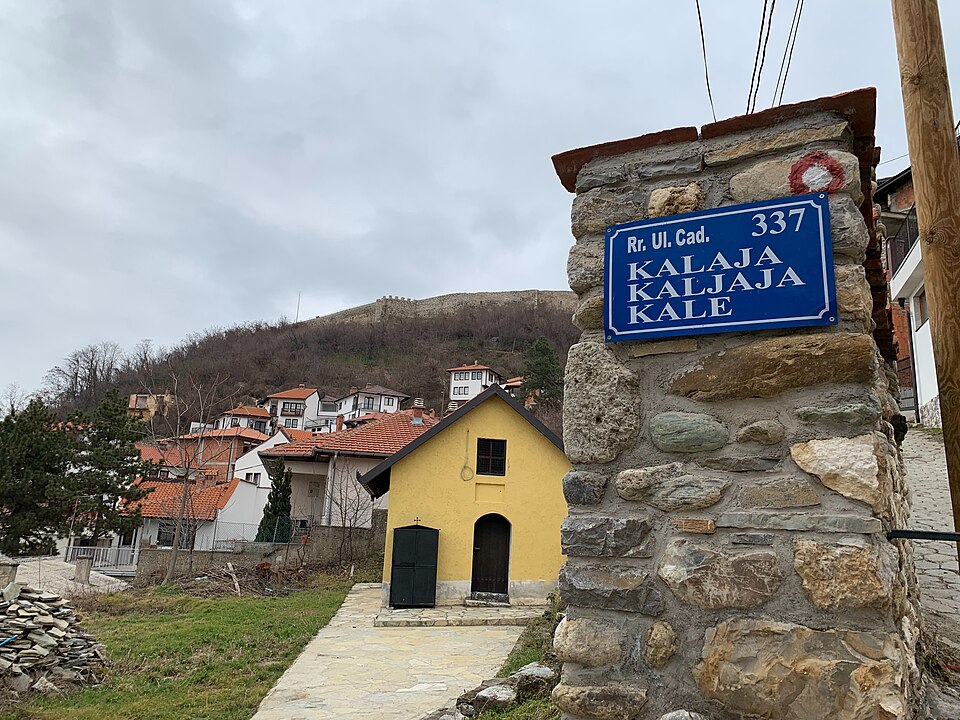 A multilingual street sign near Prizren’s fortress in Kosovo
