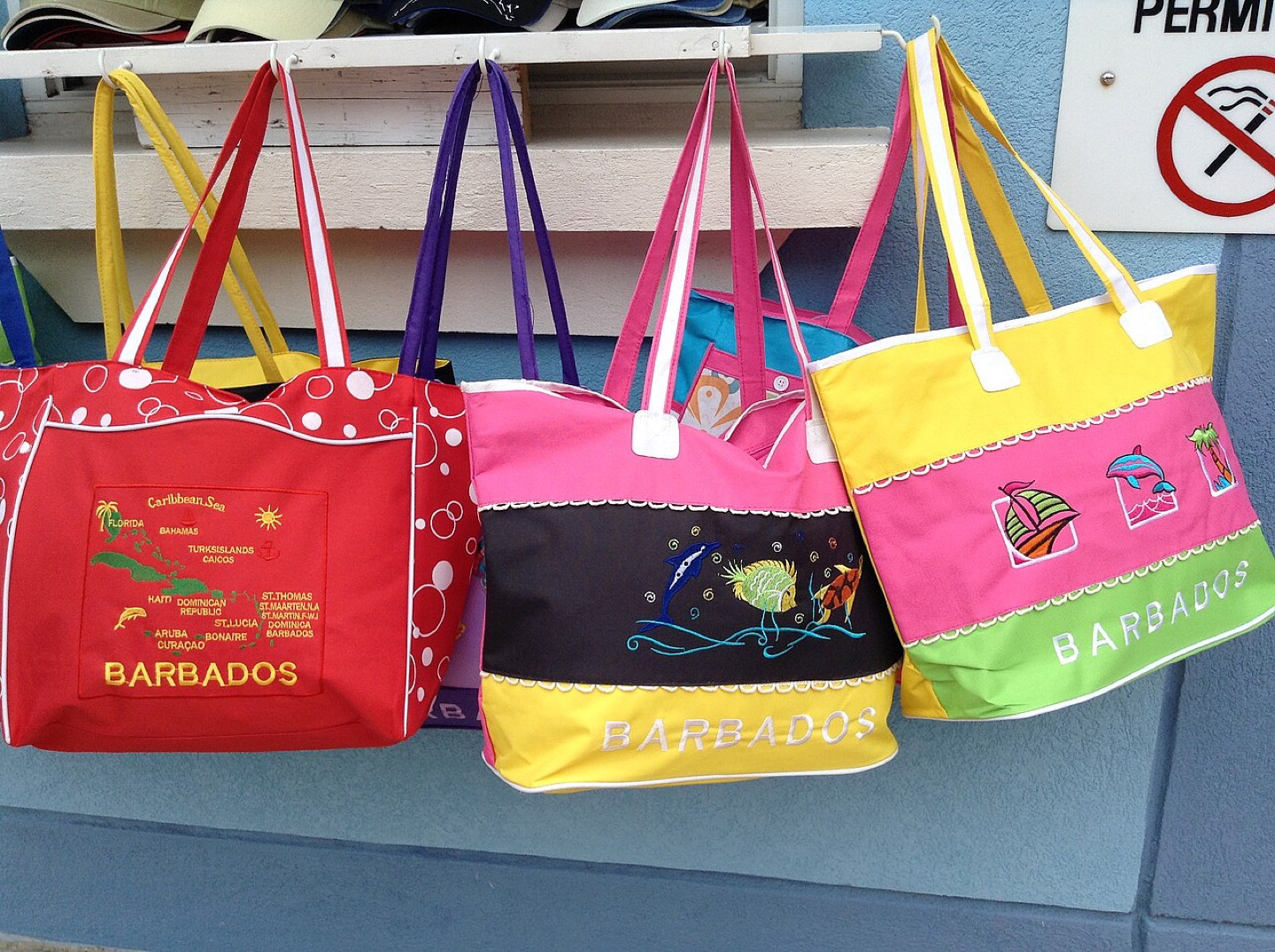 Souvenir bags at a stall in Bridgetown, Barbados