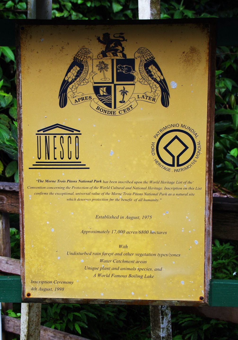 English lettering at the entrance to Morne Trois Pitons National Park, Dominica