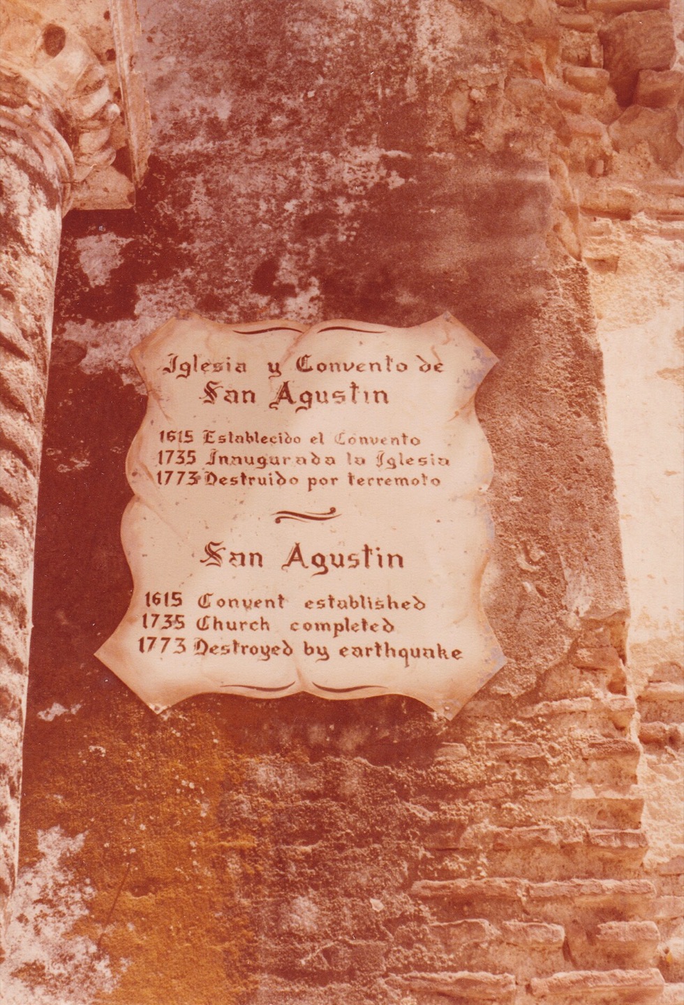 Spanish lettering at Saint Augustine’s Church in Antigua Guatemala