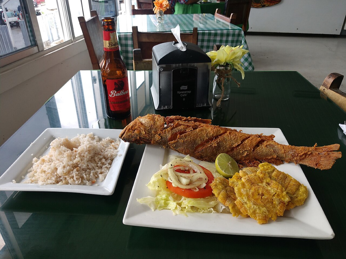 Coconut rice, fried fish and patacones at Panama City’s fish market