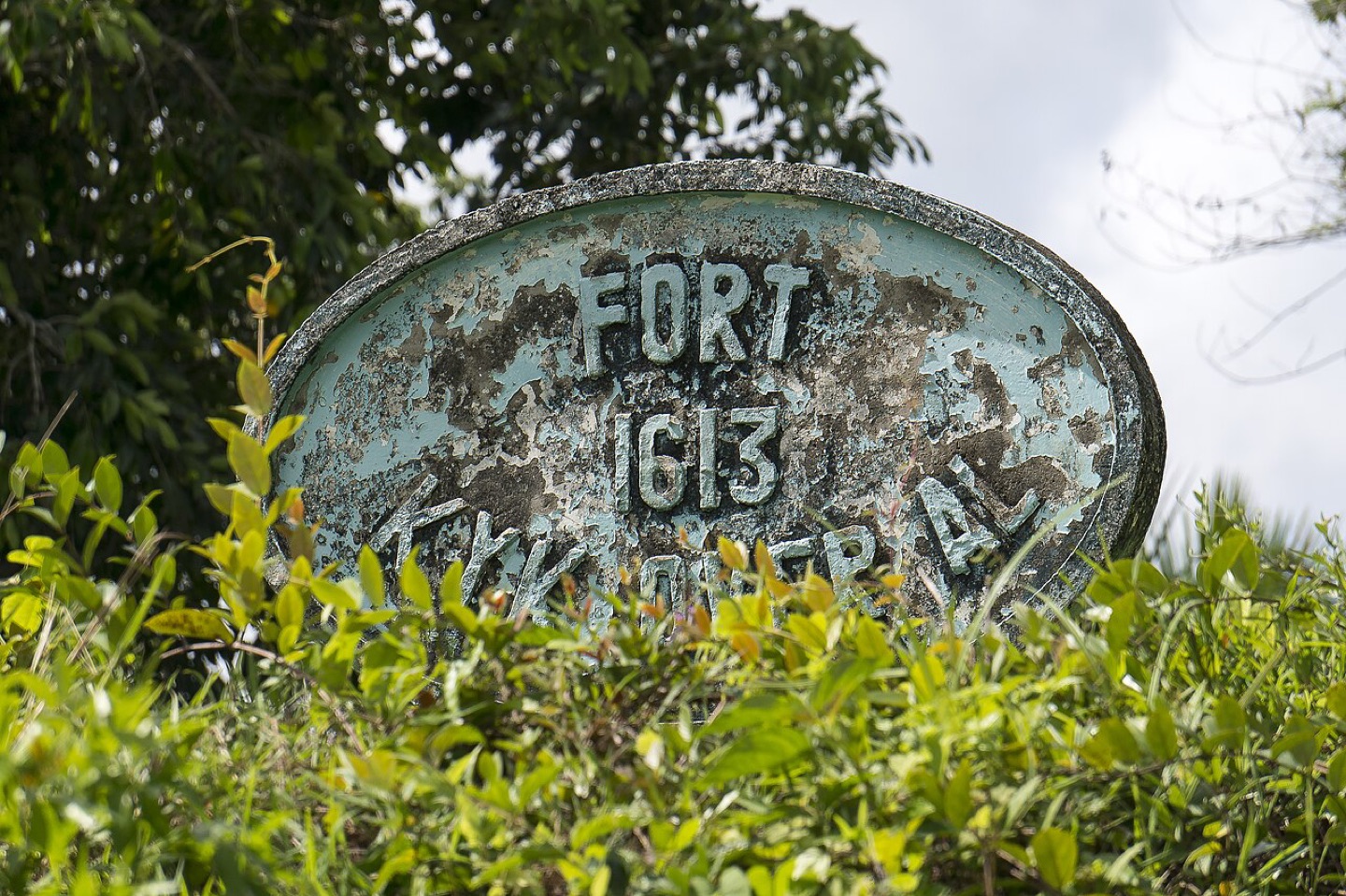 English lettering on a historic fort sign in Guyana