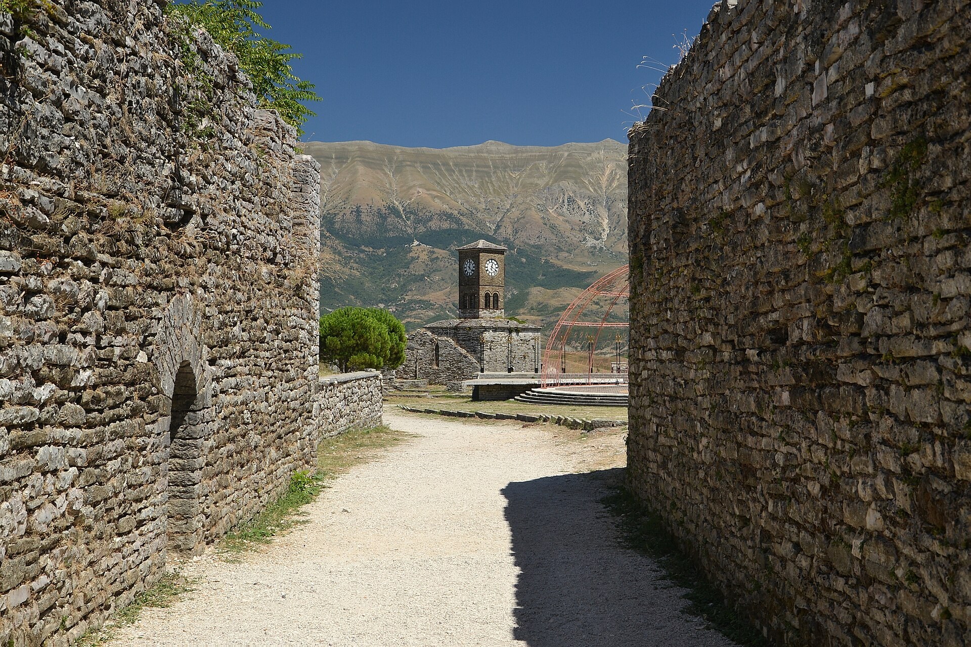 Stone walls and passageways inside Gjirokastër Castle in Albania