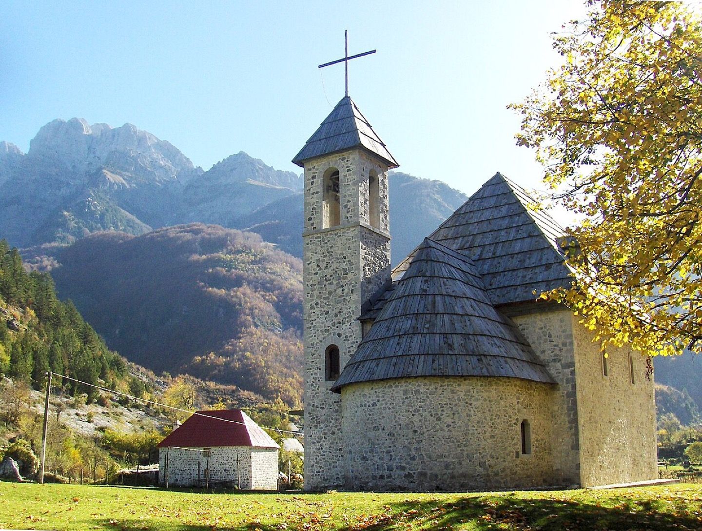 The church at Theth beneath the Albanian Alps