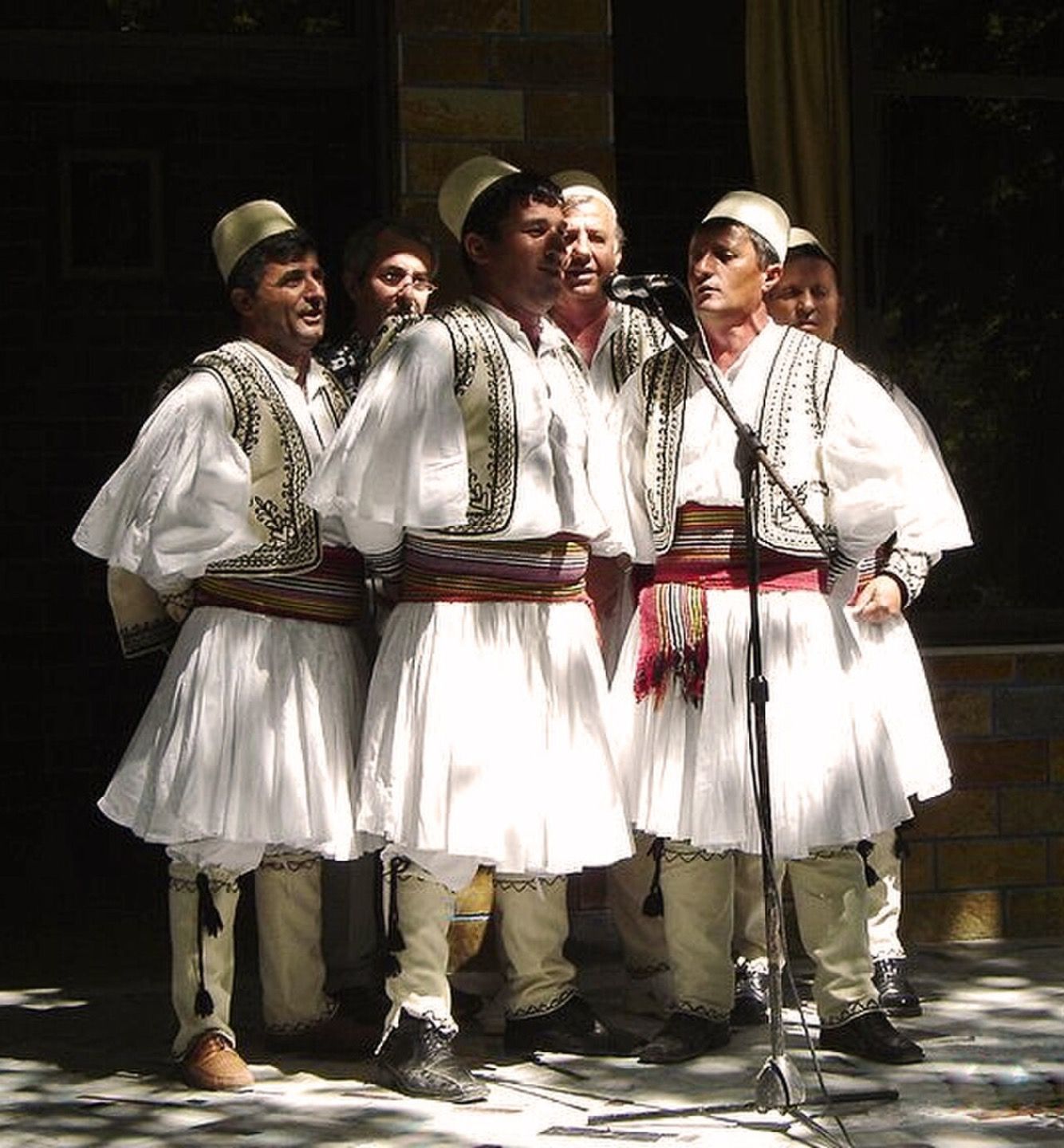 An Albanian folk group wearing traditional fustanella costumes