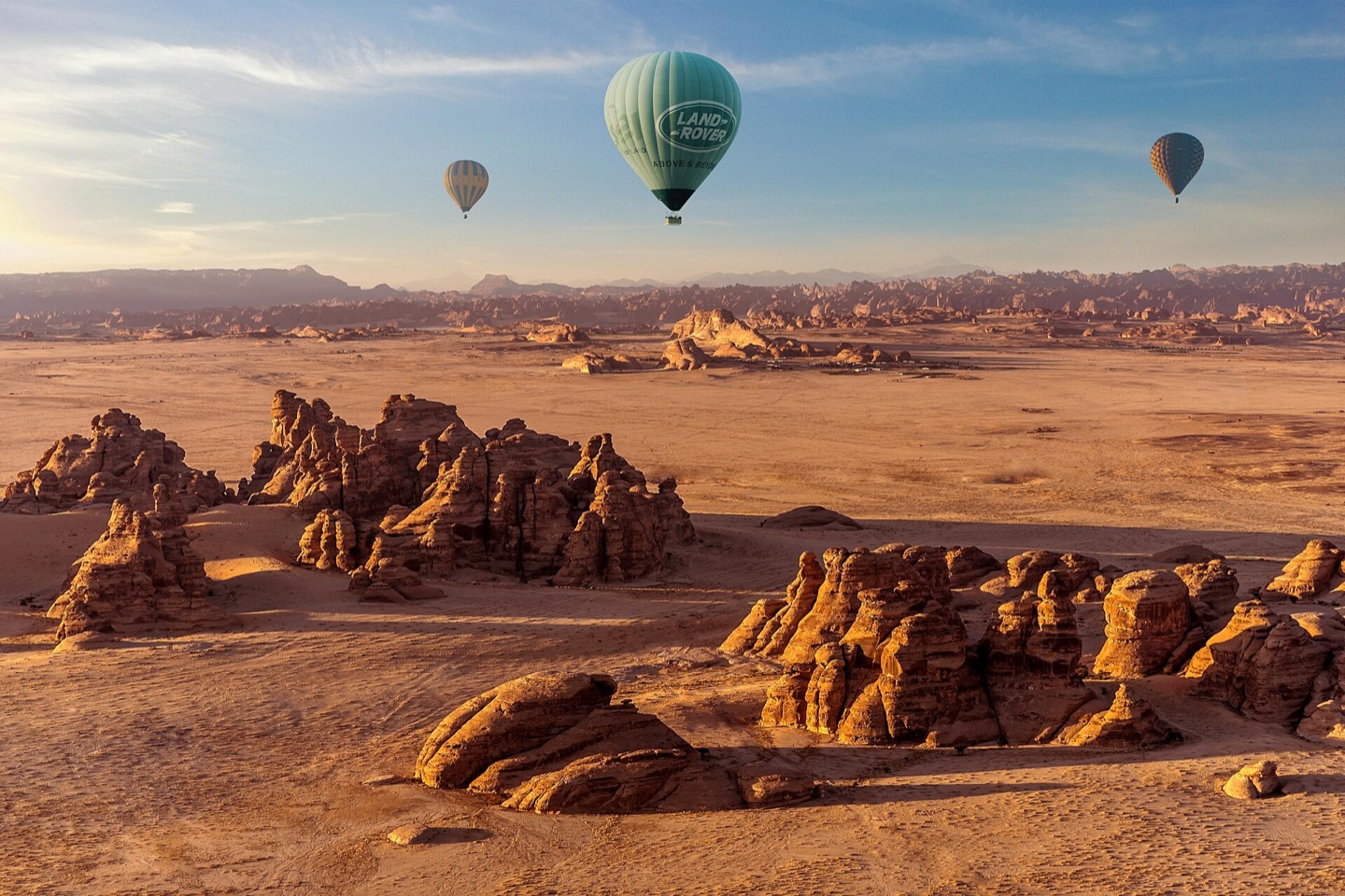 Hot air balloons above Al-Ula in Saudi Arabia