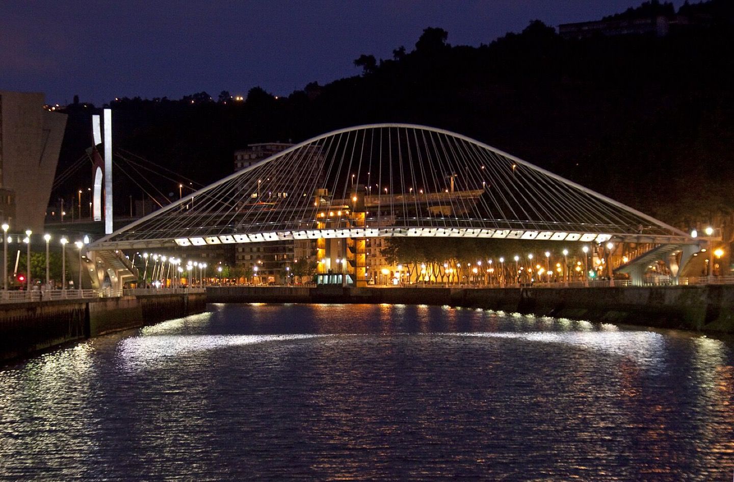 The Zubizuri Bridge in Bilbao at night